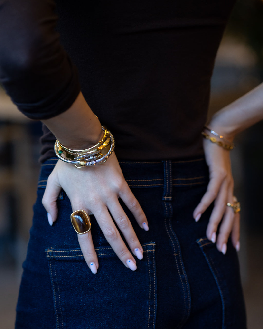 Inel placat cu aur de 18K și piatră naturală ochi de tigru Glitterati Fearless