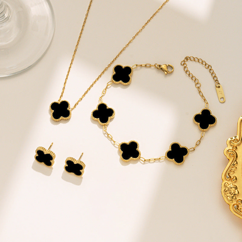 Bratara placata cu aur de 18k Glitterati Clover - black