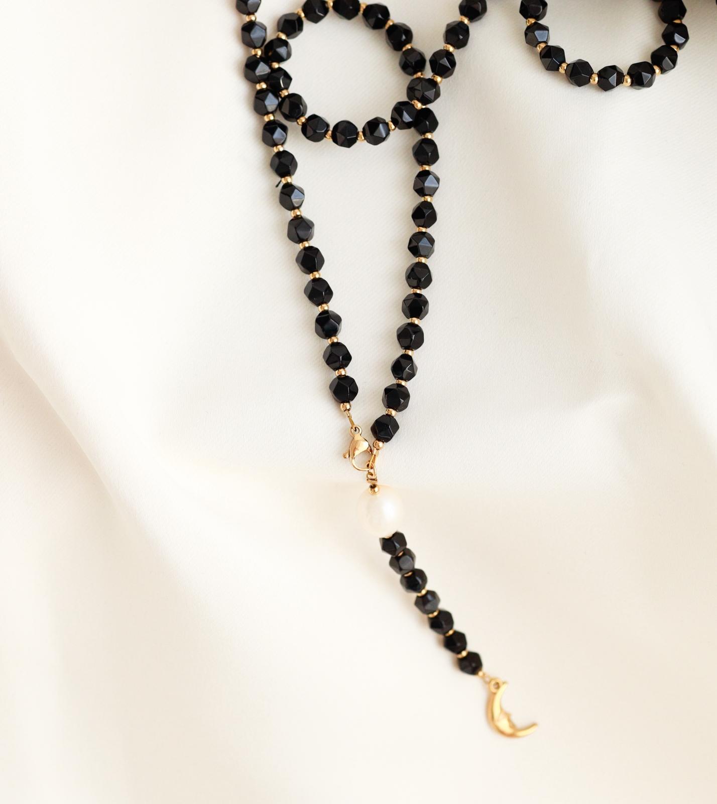 Colier Glitterati cu agat negru și perlă de cultură