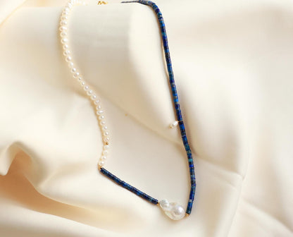 Colier Glitterati cu perle naturale de cultură, lapis lazuli si perla baroc