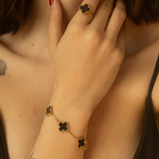 Bratara placata cu aur de 18k Glitterati Clover - black