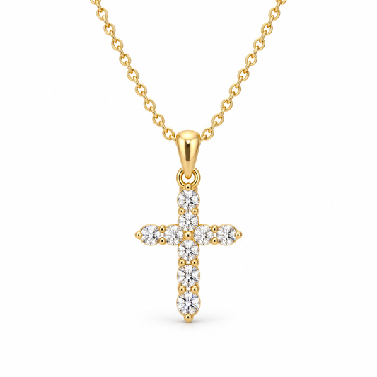Colier cruce cu piatra transparenta, placat cu aur de 18K Glitterati