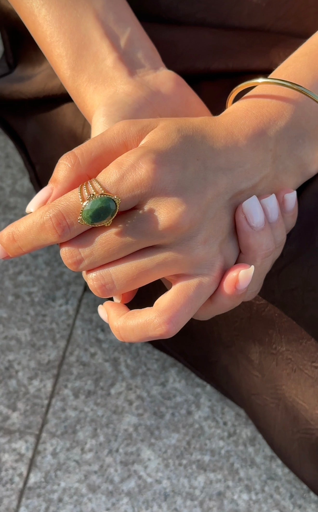 Inel Glitterati Prosperity, cu jad verde, placat cu aur de 18k