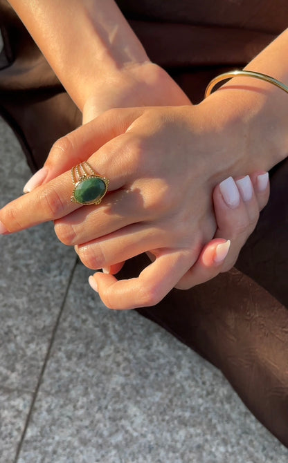 Inel Glitterati Prosperity, cu jad verde, placat cu aur de 18k