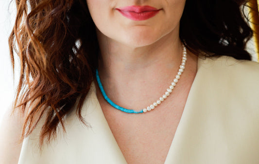 Colier Glitterati  cu perle naturale de cultură si turcoaz