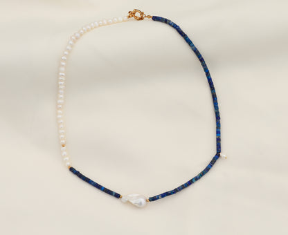 Colier Glitterati cu perle naturale de cultură, lapis lazuli si perla baroc