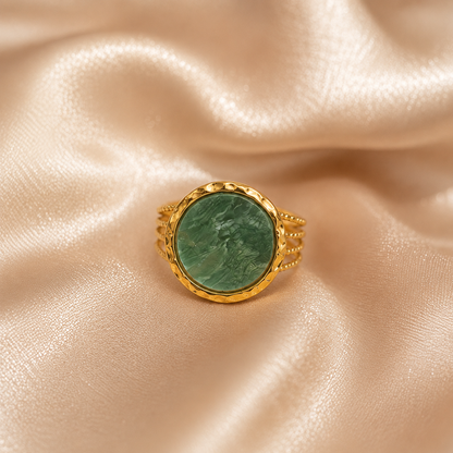 Inel Glitterati din Oțel Chirurgical Placat cu Aur 18K cu Jad Verde Natural