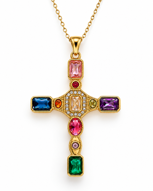 Colier Glitterati Goddess of Light, cu cruce din cubic zirconia, placat cu aur de 18k