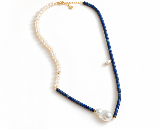 Colier Glitterati cu perle naturale de cultură si piatră naturală  lapis lazuli si perla baroc