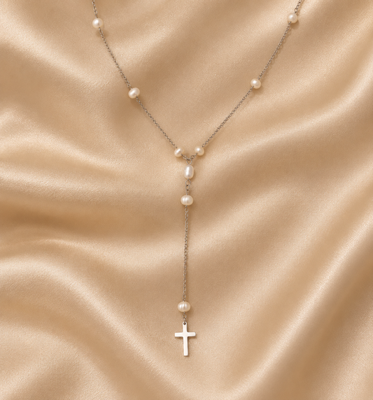 Colier argintiu din oțel chirurgical cu perle de cultura Glitterati Faith