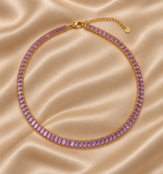 Colier tennis tip choker cu pietre strălucitoare din oțel chirurgical placat cu aur de 18K Glitterati Murmur  lavender