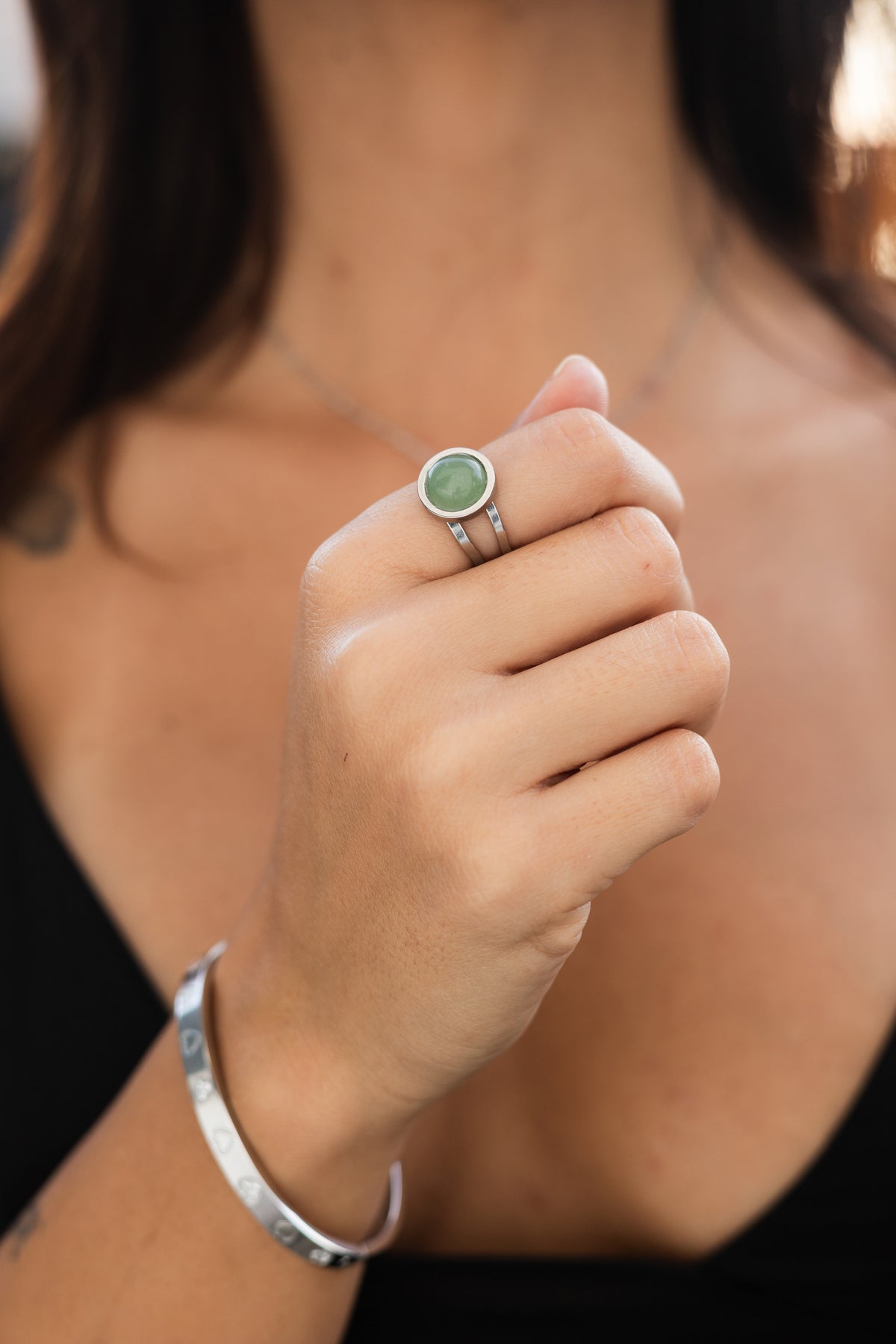 Inel Glitterati argintiu cu calcedonie verde
