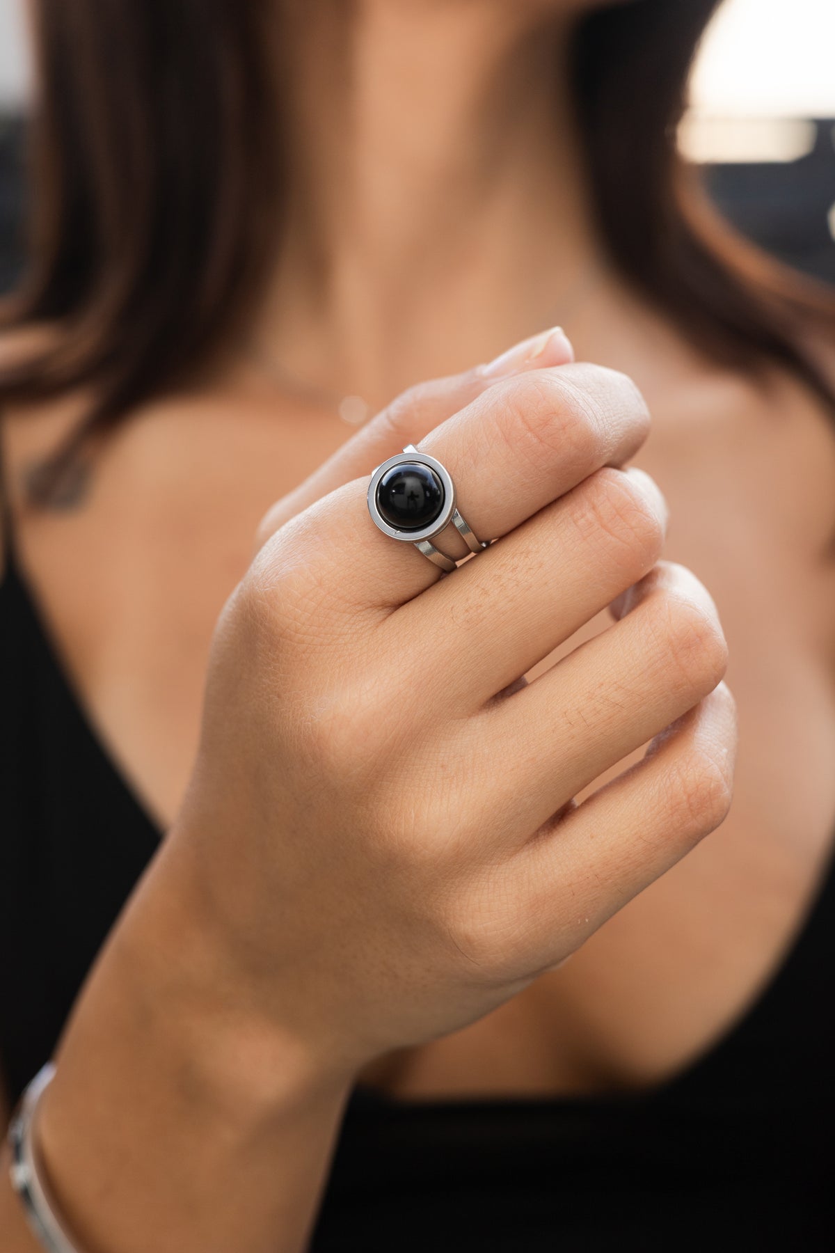 Inel Glitterati argintiu cu agat negru