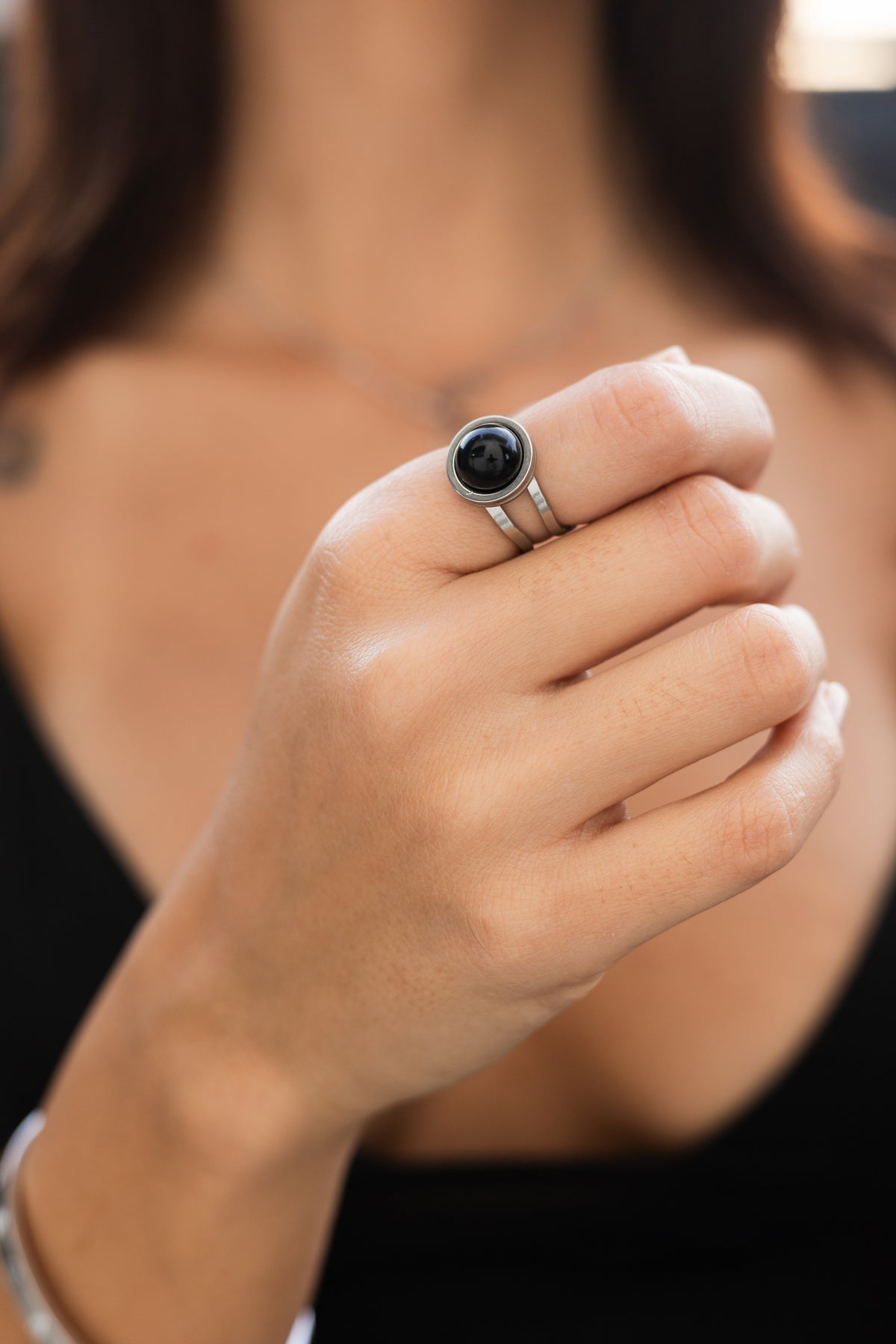 Inel Glitterati argintiu cu agat negru